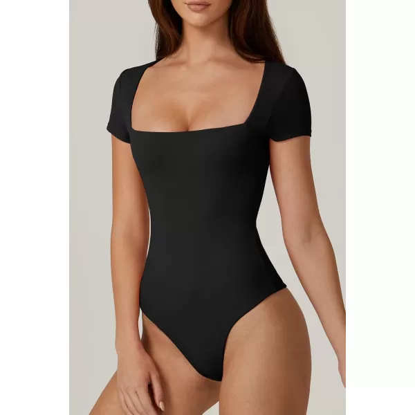 QINSEN Women's Square Neck Short Sleeve Bodysuit Sexy Body Suit Tops Double Lined Shirts