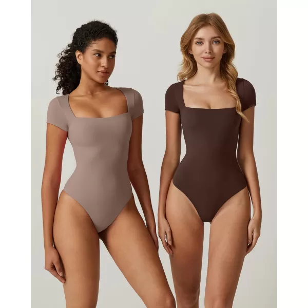 QINSEN Women's Square Neck Short Sleeve Bodysuit Sexy Body Suit Tops Double Lined Shirts