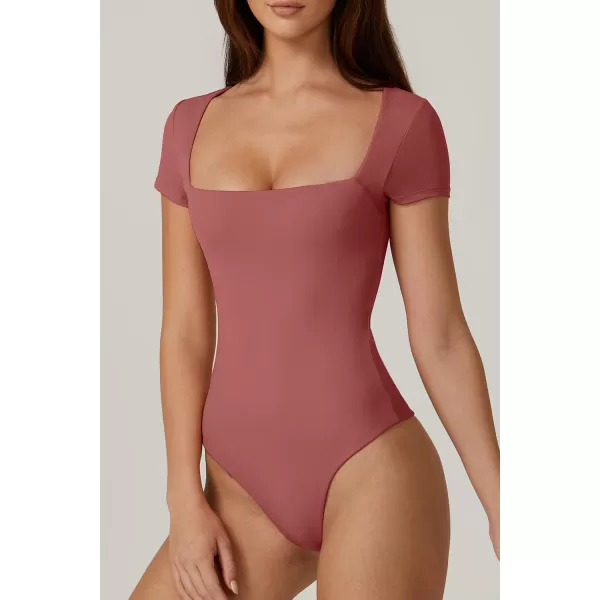 QINSEN Women's Square Neck Short Sleeve Bodysuit Sexy Body Suit Tops Double Lined Shirts