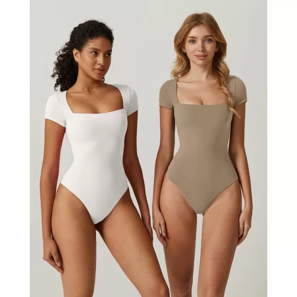 QINSEN Women's Square Neck Short Sleeve Bodysuit Sexy Body Suit Tops Double Lined Shirts