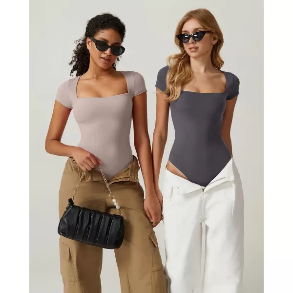QINSEN Women's Square Neck Short Sleeve Bodysuit Sexy Body Suit Tops Double Lined Shirts