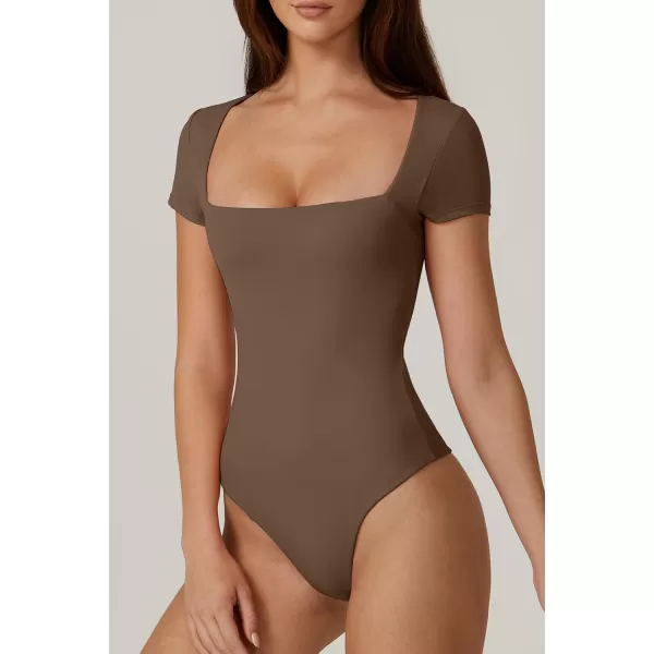 QINSEN Women's Square Neck Short Sleeve Bodysuit Sexy Body Suit Tops Double Lined Shirts