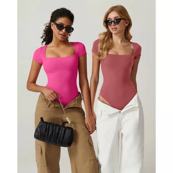 QINSEN Women's Square Neck Short Sleeve Bodysuit Sexy Body Suit Tops Double Lined Shirts