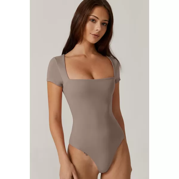QINSEN Women's Square Neck Short Sleeve Bodysuit Sexy Body Suit Tops Double Lined Shirts