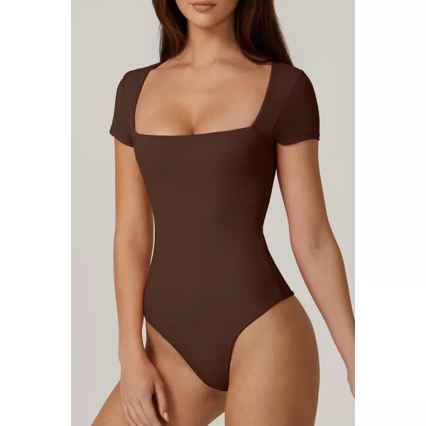 QINSEN Women's Square Neck Short Sleeve Bodysuit Sexy Body Suit Tops Double Lined Shirts