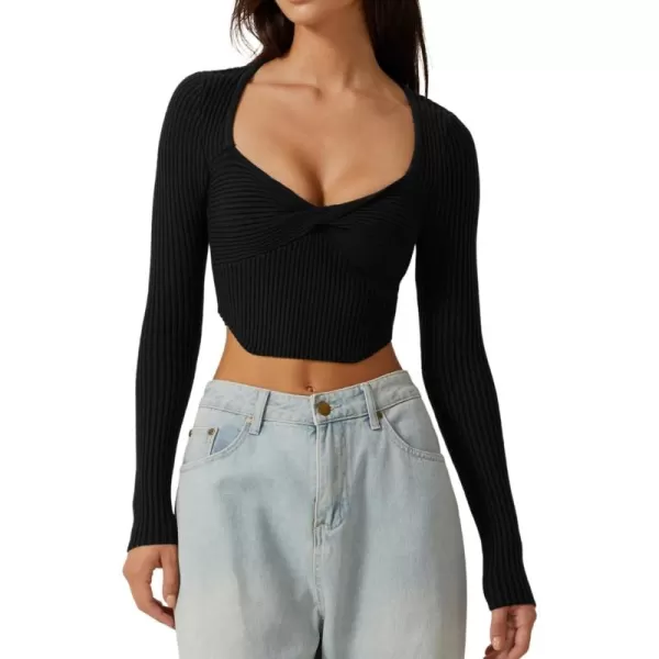QINSEN Women's Long Sleeve Crop Top Sweaters Cozy Ribbed Knit Going Out Pullover T Shirts
