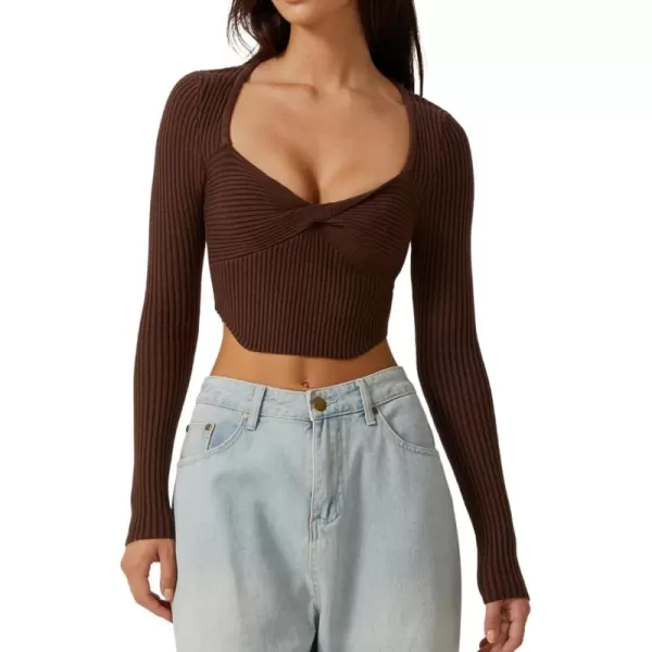 QINSEN Women's Long Sleeve Crop Top Sweaters Cozy Ribbed Knit Going Out Pullover T Shirts