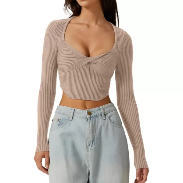 QINSEN Women's Long Sleeve Crop Top Sweaters Cozy Ribbed Knit Going Out Pullover T Shirts