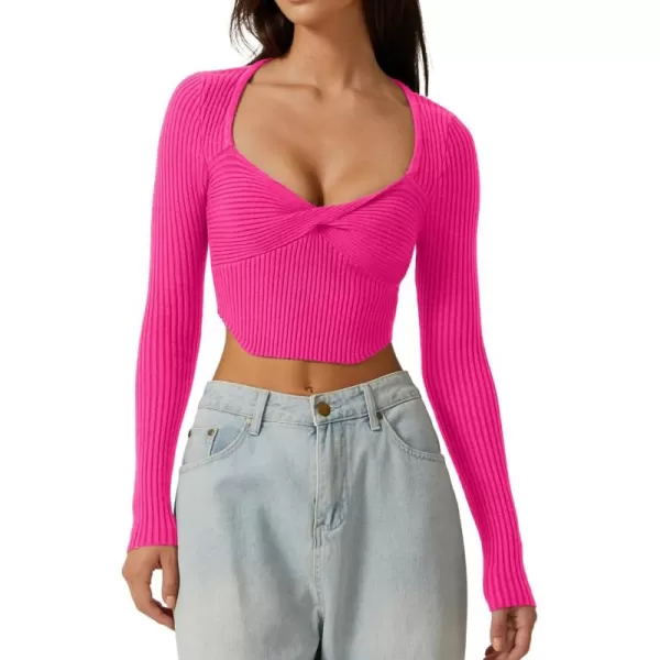 QINSEN Women's Long Sleeve Crop Top Sweaters Cozy Ribbed Knit Going Out Pullover T Shirts