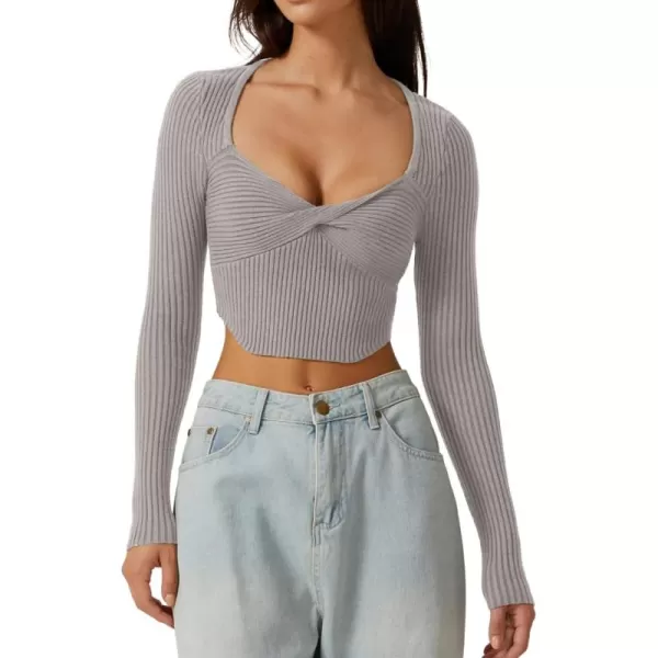 QINSEN Women's Long Sleeve Crop Top Sweaters Cozy Ribbed Knit Going Out Pullover T Shirts