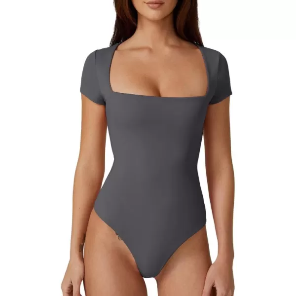QINSEN Women's Square Neck Short Sleeve Bodysuit Sexy Body Suit Tops Double Lined Shirts
