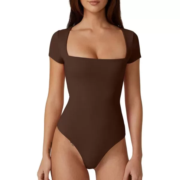 QINSEN Women's Square Neck Short Sleeve Bodysuit Sexy Body Suit Tops Double Lined Shirts