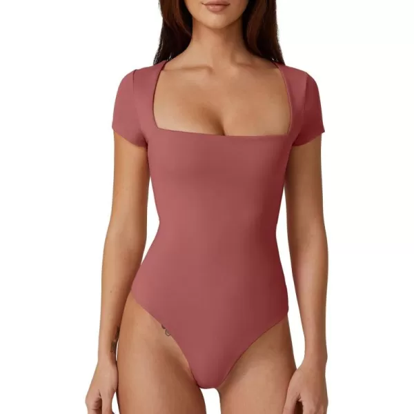 QINSEN Women's Square Neck Short Sleeve Bodysuit Sexy Body Suit Tops Double Lined Shirts