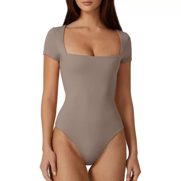 QINSEN Women's Square Neck Short Sleeve Bodysuit Sexy Body Suit Tops Double Lined Shirts