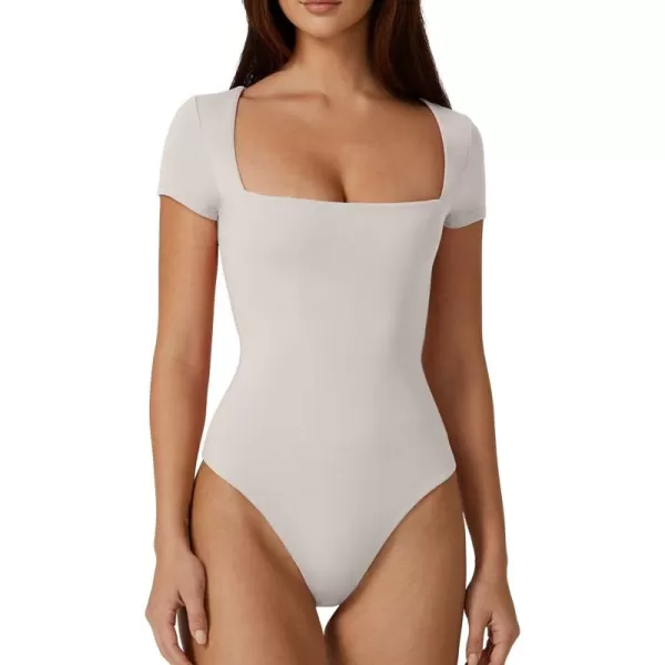 QINSEN Women's Square Neck Short Sleeve Bodysuit Sexy Body Suit Tops Double Lined Shirts
