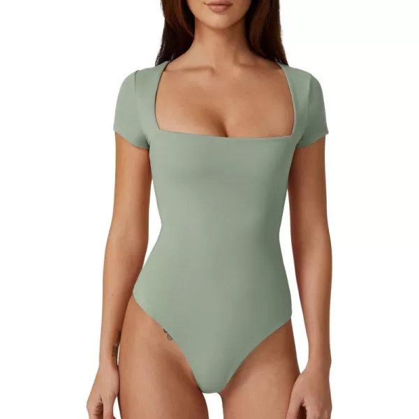 QINSEN Women's Square Neck Short Sleeve Bodysuit Sexy Body Suit Tops Double Lined Shirts