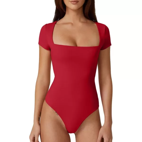 QINSEN Women's Square Neck Short Sleeve Bodysuit Sexy Body Suit Tops Double Lined Shirts