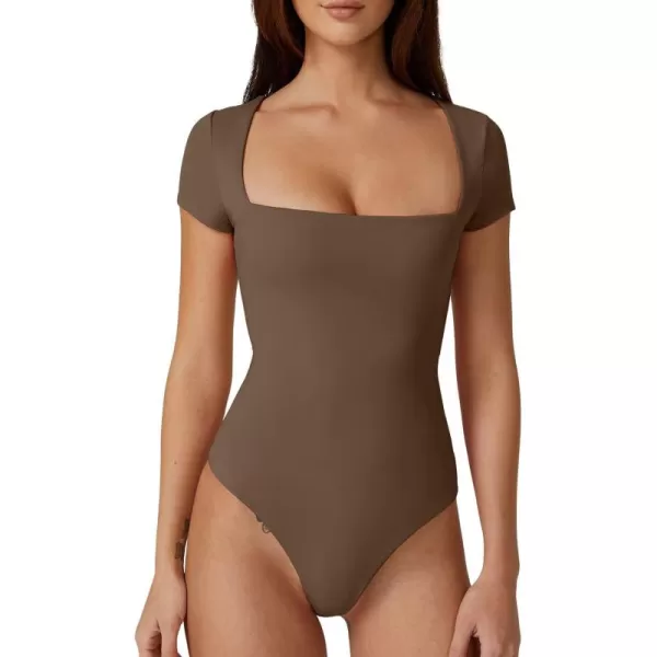 QINSEN Women's Square Neck Short Sleeve Bodysuit Sexy Body Suit Tops Double Lined Shirts