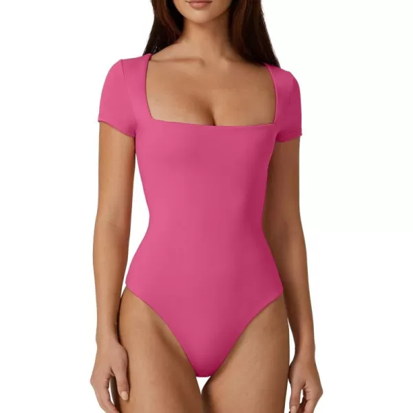QINSEN Women's Square Neck Short Sleeve Bodysuit Sexy Body Suit Tops Double Lined Shirts