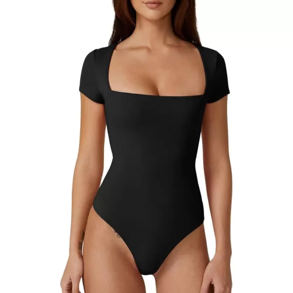 QINSEN Women's Square Neck Short Sleeve Bodysuit Sexy Body Suit Tops Double Lined Shirts