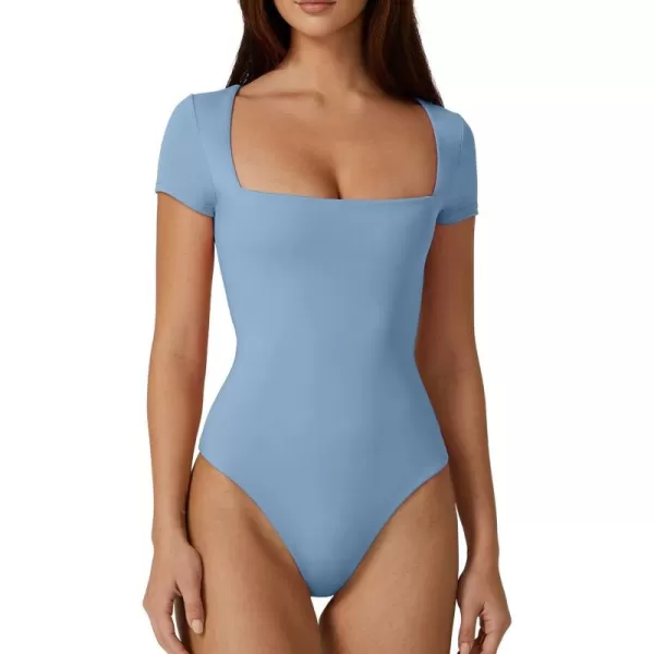 QINSEN Women's Square Neck Short Sleeve Bodysuit Sexy Body Suit Tops Double Lined Shirts