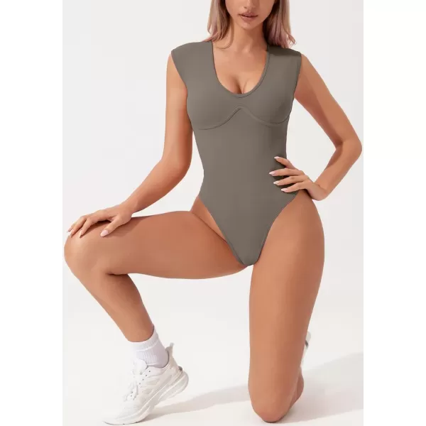 QINSEN Womens Plunge U Neck Cap Sleeve Bodysuit Soft Body Suit Tops Double Lined Shirts