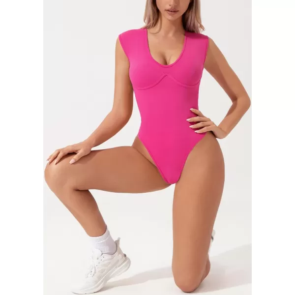 QINSEN Womens Plunge U Neck Cap Sleeve Bodysuit Soft Body Suit Tops Double Lined Shirts