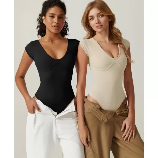 QINSEN Womens Plunge U Neck Cap Sleeve Bodysuit Soft Body Suit Tops Double Lined Shirts