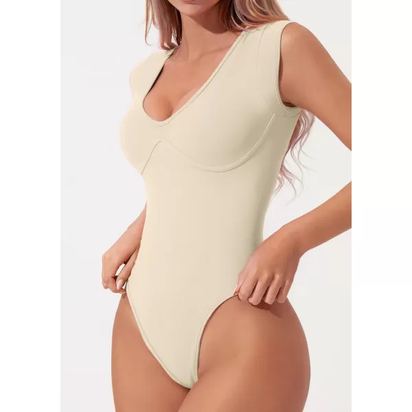 QINSEN Womens Plunge U Neck Cap Sleeve Bodysuit Soft Body Suit Tops Double Lined Shirts