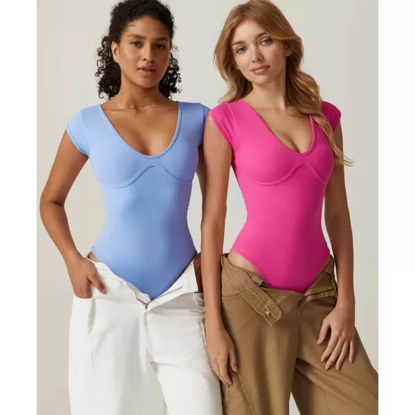 QINSEN Womens Plunge U Neck Cap Sleeve Bodysuit Soft Body Suit Tops Double Lined Shirts