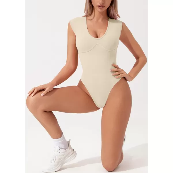 QINSEN Womens Plunge U Neck Cap Sleeve Bodysuit Soft Body Suit Tops Double Lined Shirts