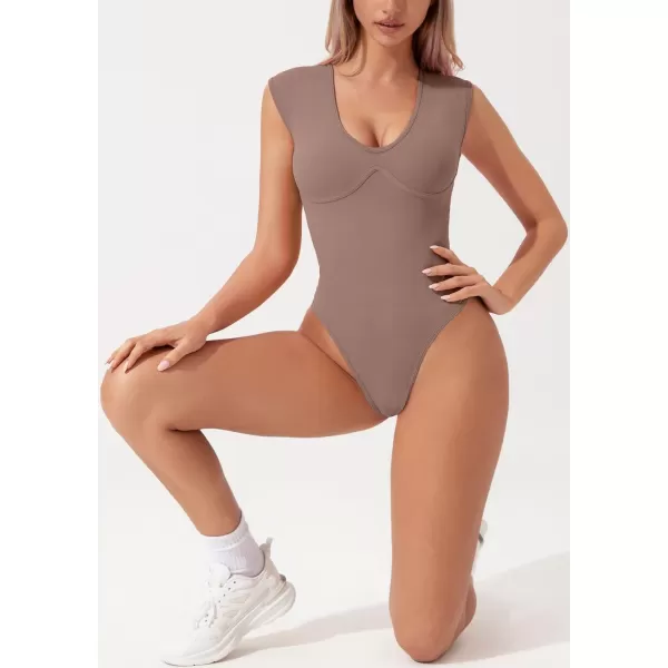 QINSEN Womens Plunge U Neck Cap Sleeve Bodysuit Soft Body Suit Tops Double Lined Shirts