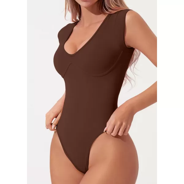 QINSEN Womens Plunge U Neck Cap Sleeve Bodysuit Soft Body Suit Tops Double Lined Shirts