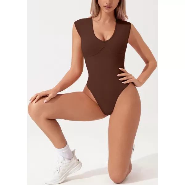 QINSEN Womens Plunge U Neck Cap Sleeve Bodysuit Soft Body Suit Tops Double Lined Shirts