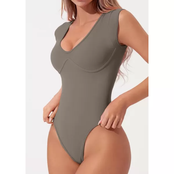 QINSEN Womens Plunge U Neck Cap Sleeve Bodysuit Soft Body Suit Tops Double Lined Shirts