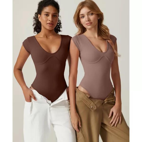 QINSEN Womens Plunge U Neck Cap Sleeve Bodysuit Soft Body Suit Tops Double Lined Shirts