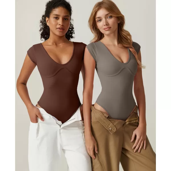 QINSEN Womens Plunge U Neck Cap Sleeve Bodysuit Soft Body Suit Tops Double Lined Shirts