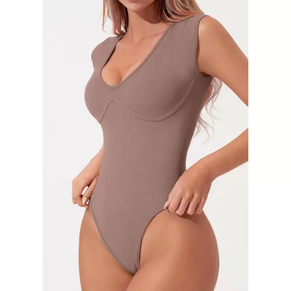QINSEN Womens Plunge U Neck Cap Sleeve Bodysuit Soft Body Suit Tops Double Lined Shirts