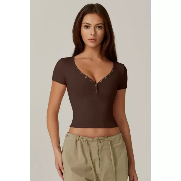 QINSEN Women's Sexy Short Sleeve Henley T Shirts Double Lined Button Up Slim Fit Crop Top Y2K Going Out Tops