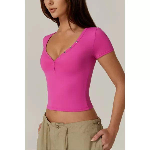 QINSEN Women's Sexy Short Sleeve Henley T Shirts Double Lined Button Up Slim Fit Crop Top Y2K Going Out Tops