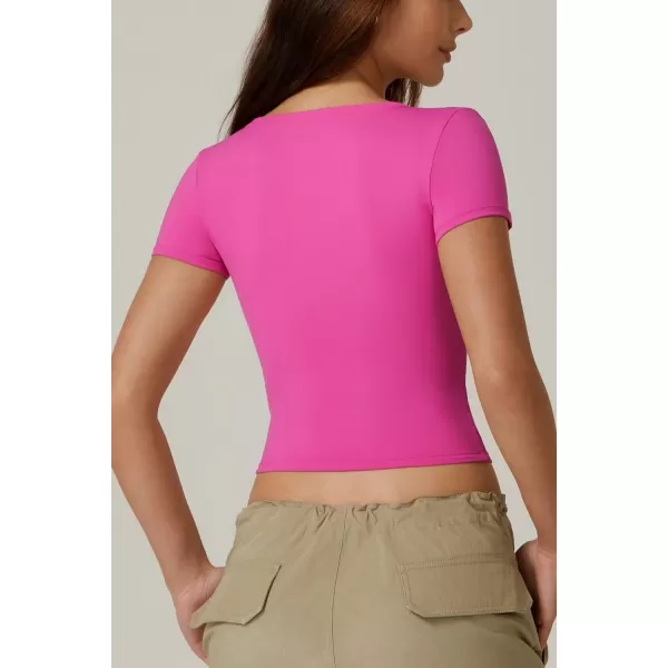 QINSEN Women's Sexy Short Sleeve Henley T Shirts Double Lined Button Up Slim Fit Crop Top Y2K Going Out Tops