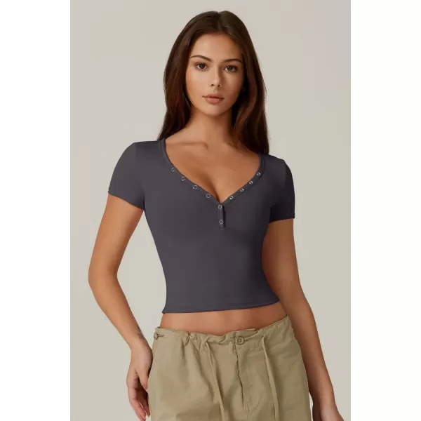 QINSEN Women's Sexy Short Sleeve Henley T Shirts Double Lined Button Up Slim Fit Crop Top Y2K Going Out Tops