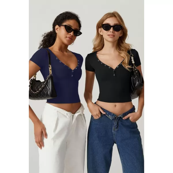 QINSEN Women's Sexy Short Sleeve Henley T Shirts Double Lined Button Up Slim Fit Crop Top Y2K Going Out Tops