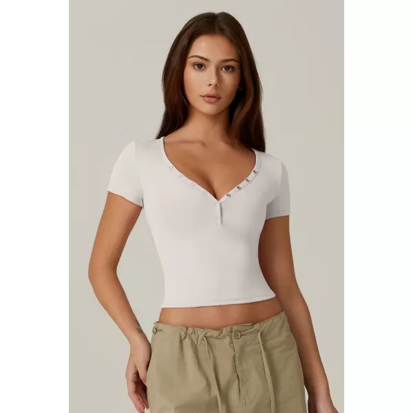 QINSEN Women's Sexy Short Sleeve Henley T Shirts Double Lined Button Up Slim Fit Crop Top Y2K Going Out Tops