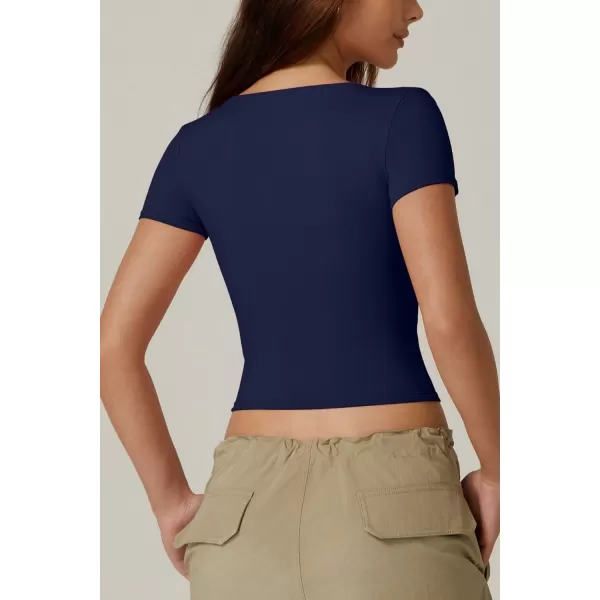 QINSEN Women's Sexy Short Sleeve Henley T Shirts Double Lined Button Up Slim Fit Crop Top Y2K Going Out Tops