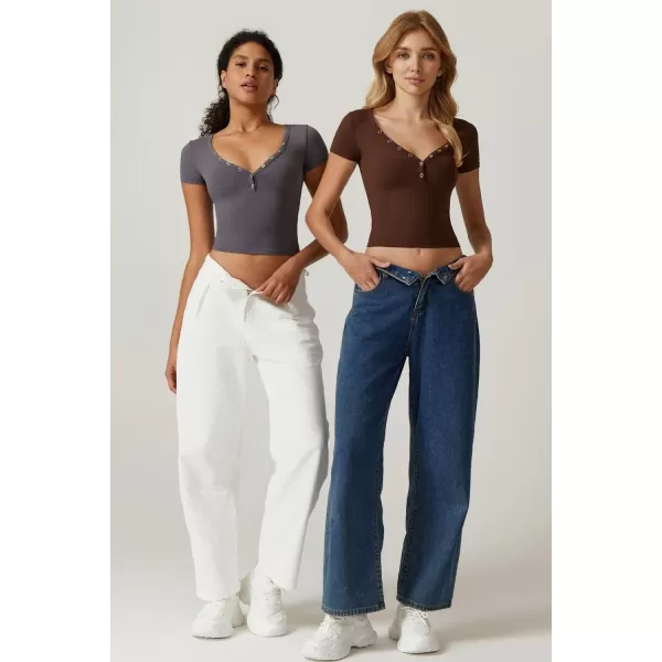 QINSEN Women's Sexy Short Sleeve Henley T Shirts Double Lined Button Up Slim Fit Crop Top Y2K Going Out Tops