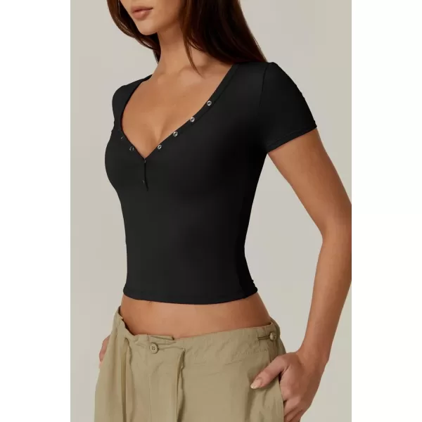 QINSEN Women's Sexy Short Sleeve Henley T Shirts Double Lined Button Up Slim Fit Crop Top Y2K Going Out Tops