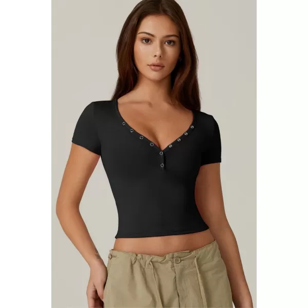 QINSEN Women's Sexy Short Sleeve Henley T Shirts Double Lined Button Up Slim Fit Crop Top Y2K Going Out Tops