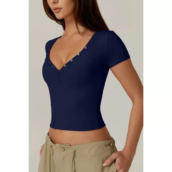 QINSEN Women's Sexy Short Sleeve Henley T Shirts Double Lined Button Up Slim Fit Crop Top Y2K Going Out Tops