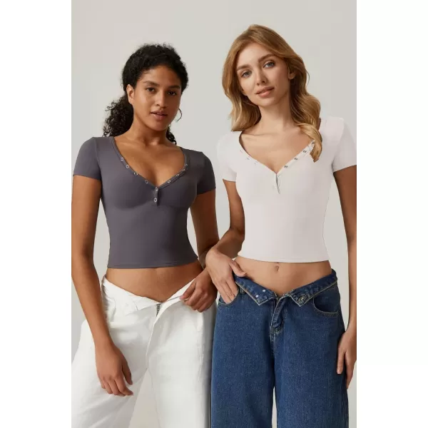 QINSEN Women's Sexy Short Sleeve Henley T Shirts Double Lined Button Up Slim Fit Crop Top Y2K Going Out Tops